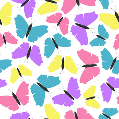 Colorful butterfly silhouette on white background. Seamless pattern