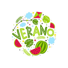 Spanish hand drawn Summer emblem with watermelon, kite and jungle. Round Logo for postcard, poster or banner. Vector illustration in doodle style isolated on white background. Translation: Summer
