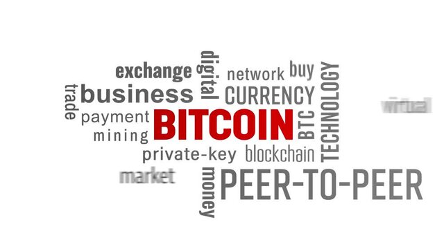 Video animation of a keyword cloud with red and grey text over white background - Bitcoin - digital cryptocurrency