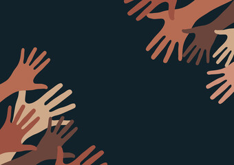 Raised hands, open palms. The concept of charity, volunteering, love, kindness, equality, racial and social issues. Vector illustration