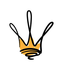 Golden Crown doodle, a hand drawn vector line art doodle of a King's crown, isolated on white background.