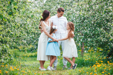 Adorable family in blooming cherry garden on beautiful spring day