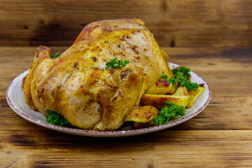 Baked whole chicken with potato on a wooden table
