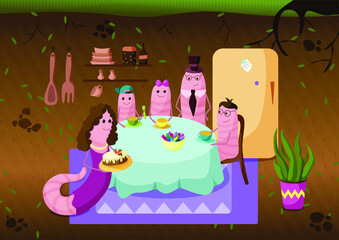 a family of worms (mom, dad and three children) are sitting at the dinner table and drinking tea. Mom carries a cake