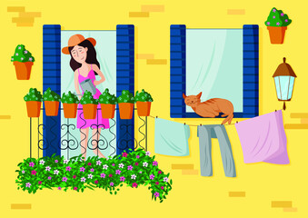 girl in a pink dress and hat watering flowers on the balcony. The cat lies on the window
