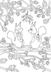 coloring page one squirrel gives a gift to another squirrel