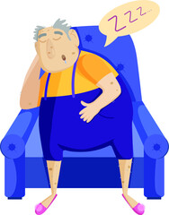grandfather in purple jumpsuit and pink slippers sleeps in a blue armchair