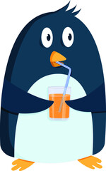 blue penguin drinks orange juice from a straw