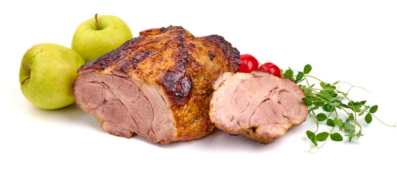 Baked pork roast, spicy glazed meat, isolated on white background. High resolution image