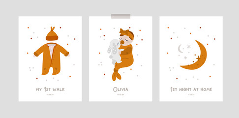 Cute sleepy newborn child. Baby milestone cards with cartoon characters for newborn girl or boy. Nursery prints in boho style. Baby month anniversary card. Baby shower print for first year of life. 