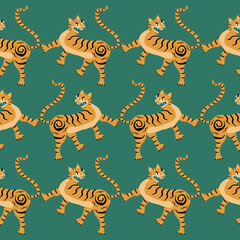 Golden asian tiger on a green background. Traditions and culture of Asia. Animal seamless pattern.
