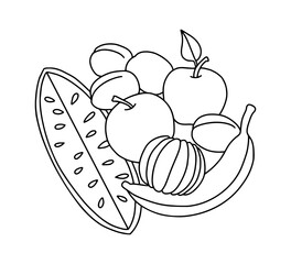 Fruit. Still life with different fruits, black outlines for children's coloring, outlined design. Vector black and white illustration
