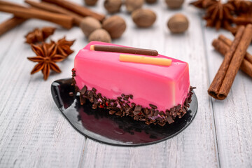 Fruit dessert, panacota on a wooden background