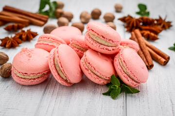 Parisian macarons on a white wooden table