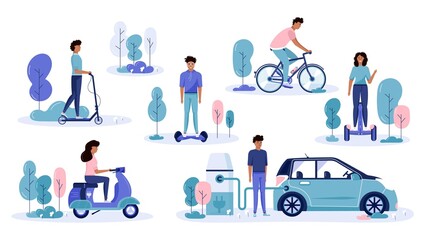 Men and women drive eco city transportation in public park. Personal electric transport, green electro scooter, hoverboard, gyroscooter, unicycle and bike. Ecological vehicle set isolated on white