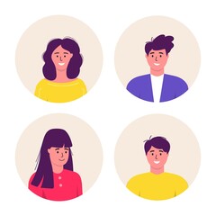 Bundle of different Men and women avatars characters. Cheerful, happy people flat vector illustration set. Round frame. Male and female portraits, group, team. Adorable guys and girls pack.