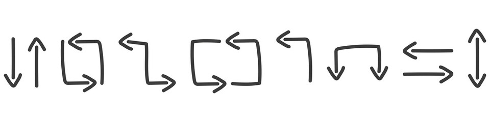 Set of hand-drawn arrows isolated on a white background. Doodle style. Collection of for web design, mobile apps, interface and more. Vector lustration