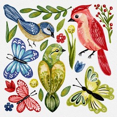 Hand Drawing Watercolour Colorful Collection of Spring Birds, Butterflies and Flowers. Cute bright illustration. Use for poster, print textile, card, birthday, children’s book.