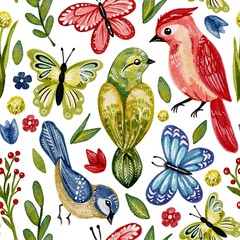 Hand Drawing Watercolour Colorful Seamless pattern of Spring Birds, Butterflies and Flowers. Cute bright illustration. Use for poster, print textile, card, birthday, children’s book, wedding 