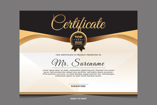 Certificate of appreciation template, gold and blue color. Clean modern certificate with gold badge. 