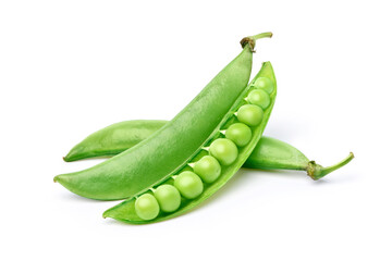 Fresh green peas with pods isolated on white background.