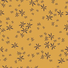 Cute floral pattern in the small flower. Seamless vector texture. Printing with small brown flowers. Yellow background.