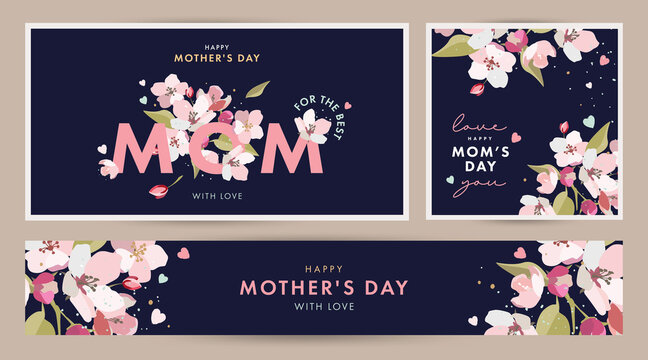 Mother's day design Set in modern art style. Abstract background with hand drawn spring flowers in pastel colors and trendy typography on dark blue. Mothers day templates for card, cover, web banner