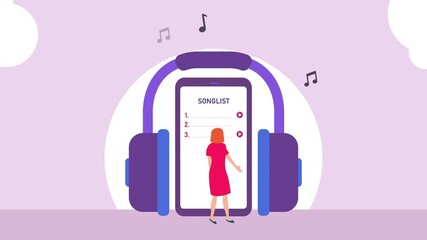 Young woman choosing song list on smartphone