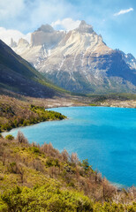 Fototapeta na wymiar Lake Pehoe and Cuernos in Torres Del Paine National Park, Chile.
