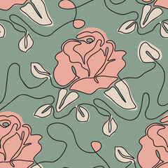 One line seamless modern pattern. Rose flower modern simplicity vector illustration.