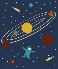 Vintage space poster. The solar system. An astronaut in outer space.