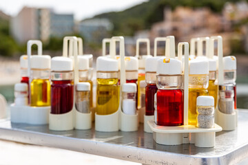 Oil, vinegar,salt and pepper, on a table at vacations in Mallorca,spain