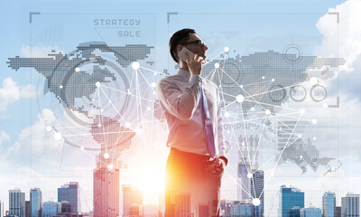 Concept of business success and control with confident boss against cityscape background