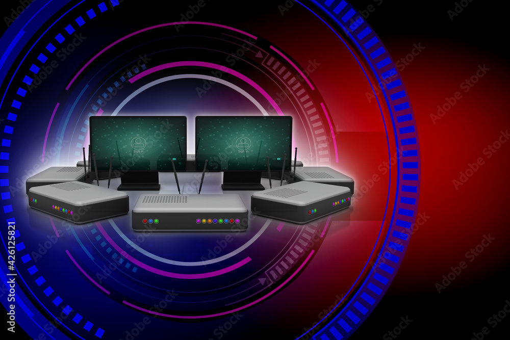 Poster 3d rendering transmitter wi-fi with computer network