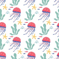 Underwater creatures fish, jellyfish, octopus, clownfish, seaplants and corals, set with marine animals for fabric, textile, wallpaper, nursery decor, prints, childish seamless pattern . Vector - 426126093