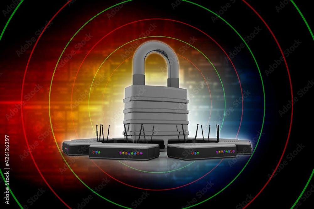 Poster 3d rendering transmitter wifi with lock