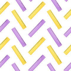 Colored rulers seamless pattern. Vector isolated on white background. School supplies texture in cartoon style. Delta and purple rulers
