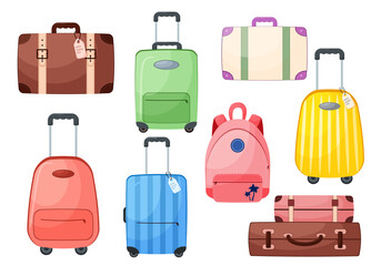 Set of travel bags in cartoon style. Vintage suitcases. Isolated on belm background. A collection of different luggage and backpacks.
