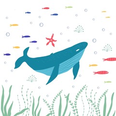 Underwater creatures fish, shark, seaplants and corals, set with marine animals for fabric, textile, wallpaper, nursery decor, prints, childish background. Vector