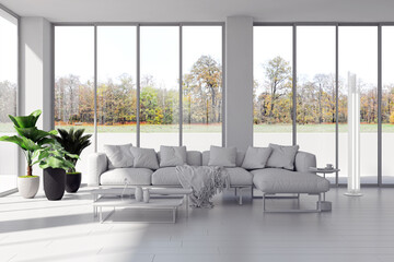 Illustration 3D rendering large luxury modern bright interiors Living room mockup computer digitally generated image