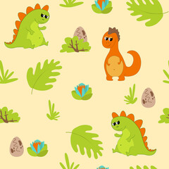 Smiling kind and cheerful green and orange dinosaurs on a sandy background with an egg, flowers, ancient prehistoric plants. Seamless pattern for textile, wrapping paper.