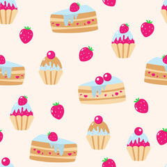Muffins under raspberry and strawberry icing with cherries and strawberries, pieces of cake under blue cream on a pink background. Seamless pattern in children's cartoon style.