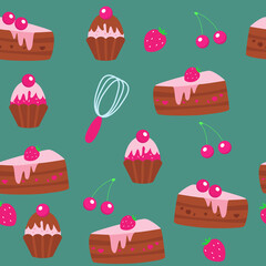 Chocolate muffins under raspberry and strawberry icing with cherries and strawberries, pieces of chocolate cake under grove cream on a turquoise background. Seamless pattern in cartoon style.