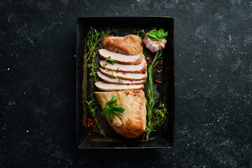 Baked pork meat with spices. Top view. Free space for text.