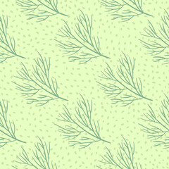 Fototapeta na wymiar Abstract style seamless nature pattern with contoured green tree branches silhouettes. Dotted background.