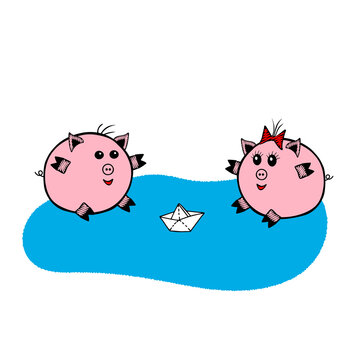 Pair of a Pink Vector fat pigs girl and boy sitting in a blue pool and playing with paper boat on a white background