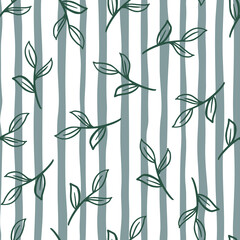 Seamless random botanic pattern with simple style leaves branches print. Striped white and blue backround.