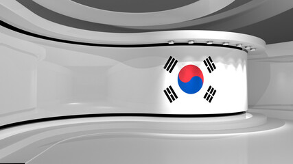 Korea. TV studio. Korea flag background. News studio. The perfect backdrop for any green screen or chroma key video or photo production. 3d render. 3d