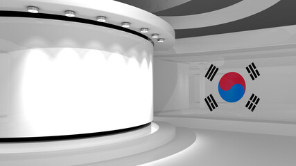 Korea. TV studio. Korea flag background. News studio. The perfect backdrop for any green screen or chroma key video or photo production. 3d render. 3d