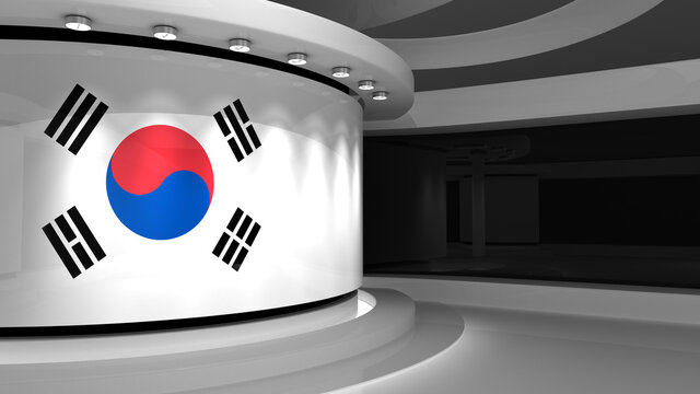 Korea. TV studio. Korea flag background. News studio. The perfect backdrop for any green screen or chroma key video or photo production. 3d render. 3d
